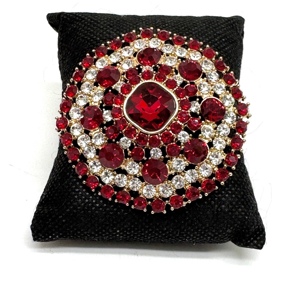 Monet Red and Clear Rhinestone Brooch Goldtone Pin